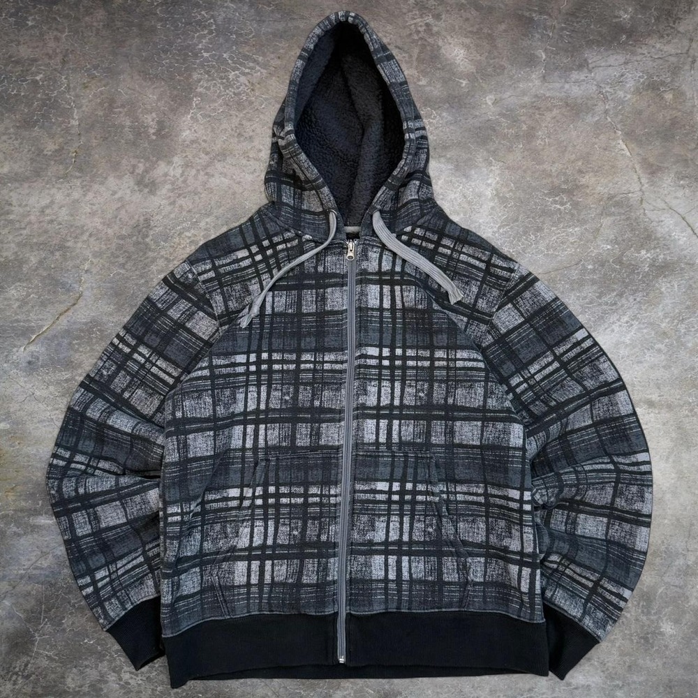 Vintage Plaid Sherpa Lined Full Zip Hoodie Men's Size XL Skater Grunge Goth Y2K